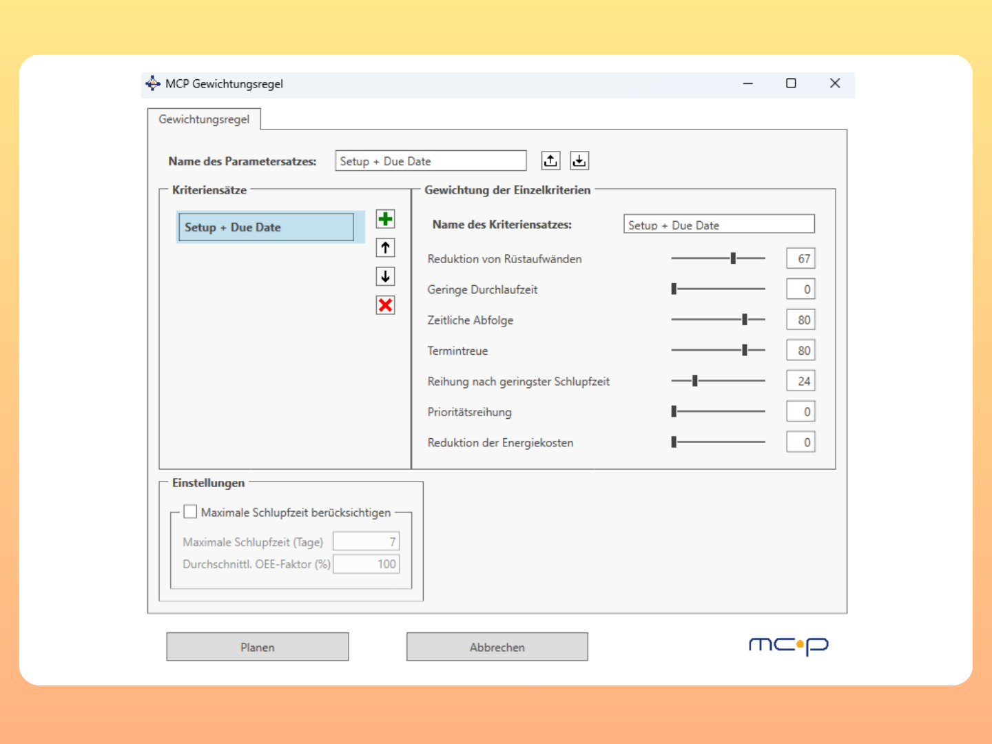 Screenshot OpcenterAPS Gewichtungsregel